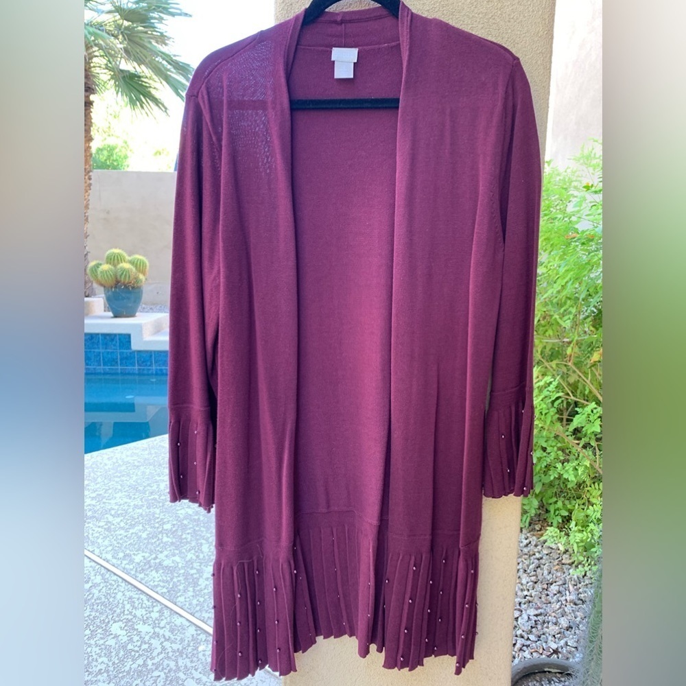 Chicos Size 2 (12-14) cranberry long studded cardigan with pleated accents
